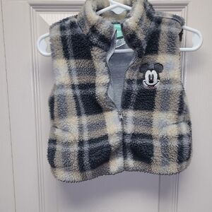 Disney Baby Mickey Mouse Black and Cream Plaid Fleece Vest 3/6 Months